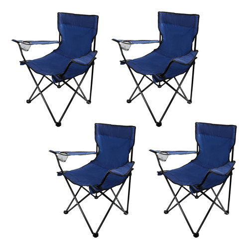 Kit 4 Cadeiras Praia Camping Dobrável Braço C/ Porta Copos + Bolsa Azul Zenite
