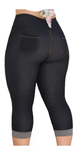 Calça Legging Jeans Cintura Alta Com Bolso Costura Reforçada