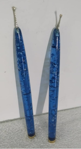 Dos Velas Decorativas De Vidrio Azul Escarchado, Importadas.