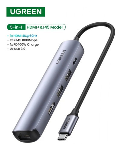Adaptador Ugreen 5 In 1 Usb-c Multifunction Adapter - Gris