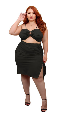 Conjunto Sexy Plus Size Saia Com Fenda Cropped Decotado G3