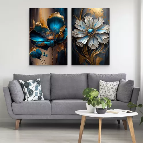 Quadros Decorativo Sala/Hall Abstrato Dourado e Azul