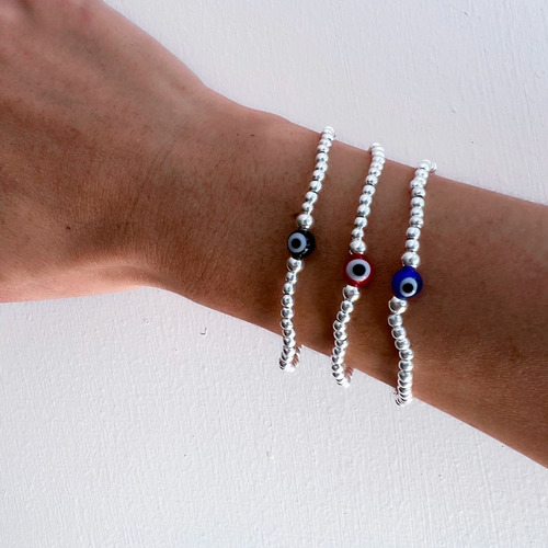 Imagen 6 de 9 de Pulsera Bolitas De Plata 925 Y Ojo Turco Amuleto Agálea