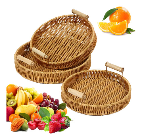 3pcs Canasta Ratán Mimbre Redonda Cestas Pan Bandeja Con Asa