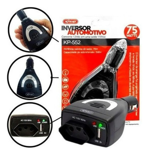 Inversor Conversor Tomada Carro 75w 12v P/110v Usb Veicular