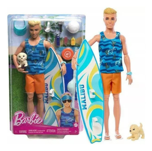 Ken Articulable Y Posable Con Tabla De Surf Y Perrito Mattel