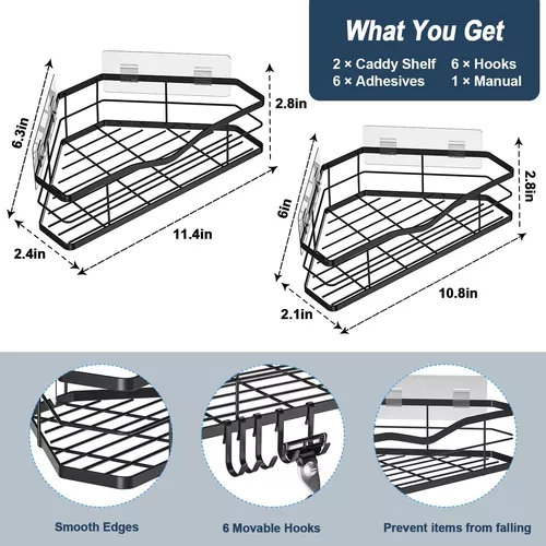 MFTEK Corner Shower Caddy, 2 Pack Shower Shelves Bathroom Shower Organizers  Rack with Hooks, No Drilling Rustproof Adhesive Shower Shelf for Bathroom