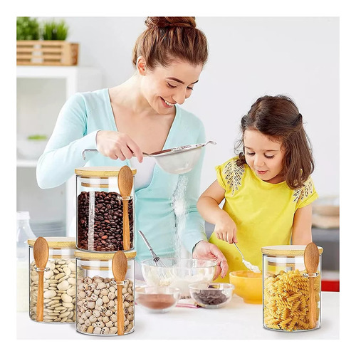 Juego De 4 Tarros De Cristal Con Tapas De Bambú Y Cuchara Pa