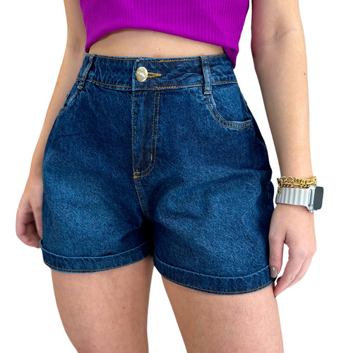 Short Jeans Mom Bermuda Soltinha Cintura Alta Barra Dobravel