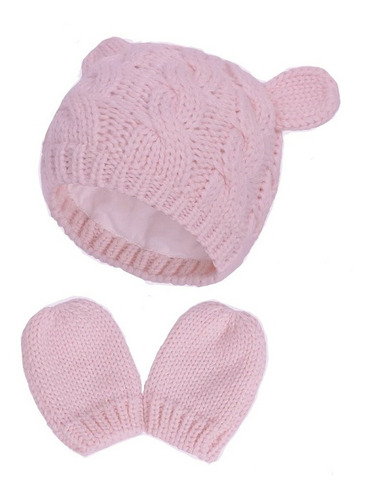 Gorro Bebé Con Orejas Y Mitones Lana Térmico 0-6 Meses