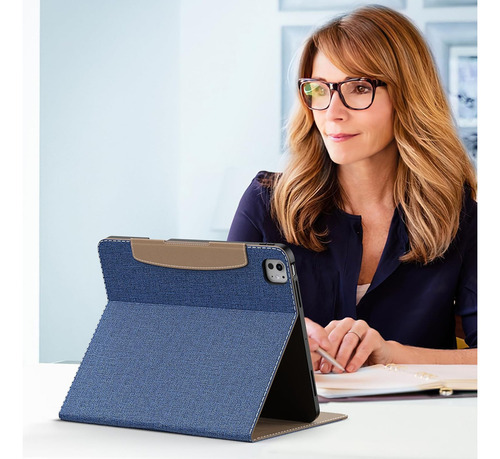 Funda Para iPad Pro 13 M4 2024 Moko Azul Y Marron Cuero Pu