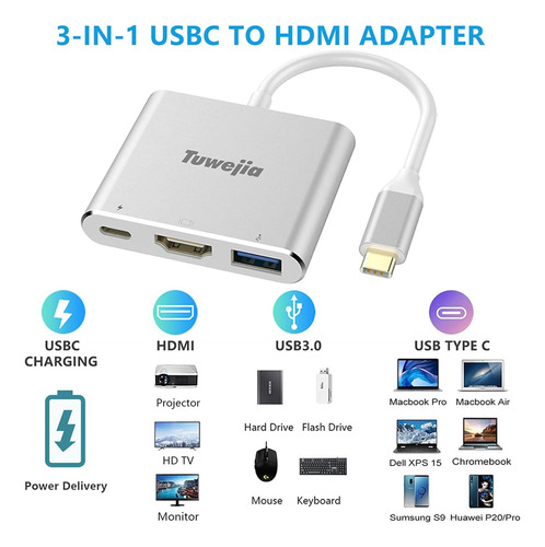 Adaptador Multipuerto Usb C A Hdmi 4k Con Carga Rápida