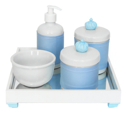 Kit Higiene Pote Porcelana Molhadeira Nuvem Azul Bebê Menino Cor Coroa