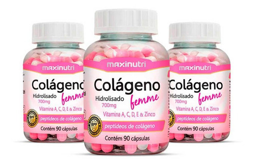 Kit 3 Colágeno Femme Vitaminas + Zinco 90 Cápsulas Maxinutri Sabor Sem sabor