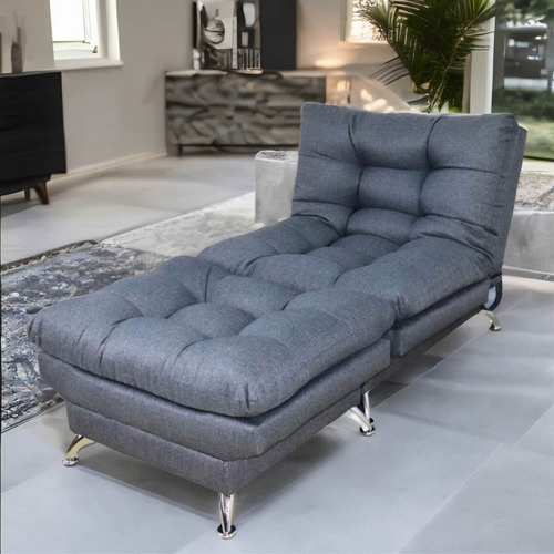 Sillón Con Taburete Futon Individual Sofa Cama Lino Hueso