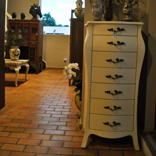 Chiffonnier Branco 7 Gavetas Prata Envelhecida - Elegância Branco