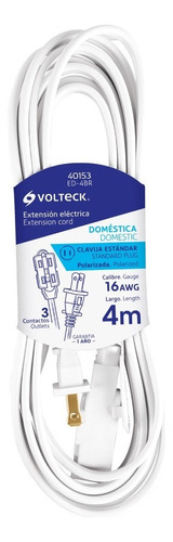 Extensión Doméstica 4m Con Clavija Recta, Volteck 40153 Color Blanco