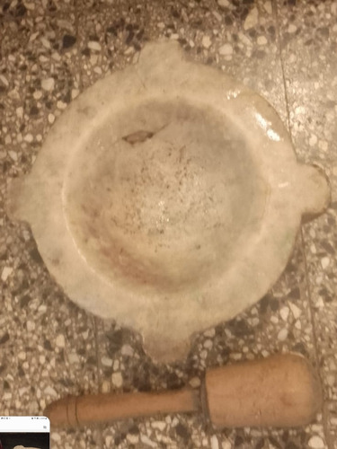 Mortero Mármol Antiguo Grande Con Pilón De Madera (Usado)