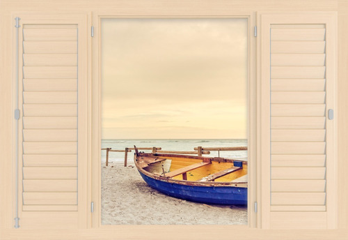 Ventana Arena Bote En Playa 60x90 Canvas Cuadro Decorativo