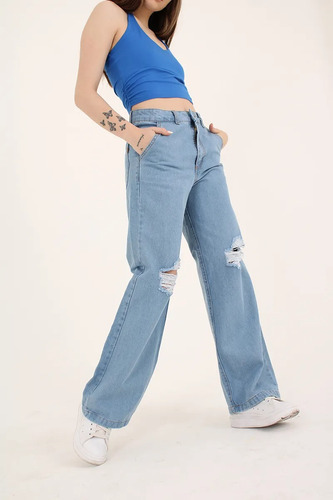 Pantalón Jean Mujer Ancho Tiro Alto Rígido Wide Leg Roturas