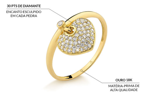 Anel Com Pingente De Coração Em Ouro 18k Com 30 Pontos De Di