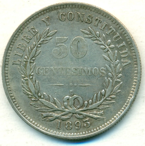 Uruguay Moneda De Plata 50 Centésimos 1893/73 Sobrefecha Bo