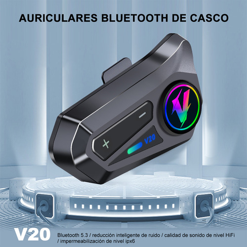 Fopnew V20 Intercomunicador Motocicleta Para Casco Bluetooth 5.3interfono Impermeable Ipx6 Micrófono Doble Lámpara Argb Led Modo De Chat En Grupo Intercomunicador Moto Negro Soni 3d Estéreo