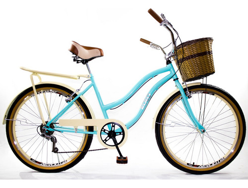 Bicicleta Aro 26 Retrô Vintage Feminina Cesta Vime Bagageir Cor Tiffany Tamanho Do Quadro L