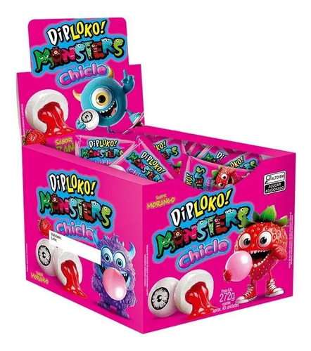 Chiclete Diploko Monsters Morango 272g Display Com 40 Unids