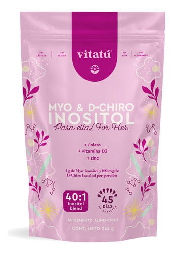 Vitatú | Myo Inositol & D-Chiro Inositol mezcla ideal 40:1 con Folato + Vitamina D3 + Zinc, Suplemento Alimenticio en polvo para Mujeres 225 g