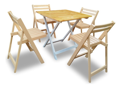 Mesa Bar 75x75 + 4 Silla Plegabl Madera Pino Eventos Colores Salmon Laca