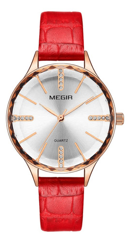 Reloj De Pulsera Mujer Megir Modelo Guanda Malla Cuero Rojo