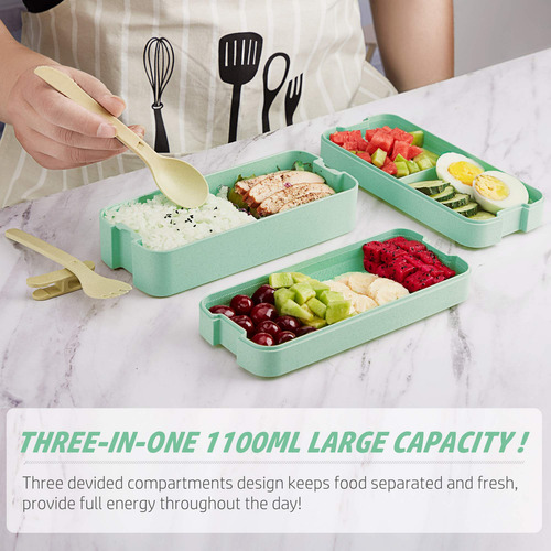 Lonchera Bento Azawa De 1100 Ml, 3 Capas, Con Cuchara Y Tene