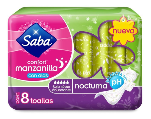 Toallas Femeninas Saba Confort Manzanilla Nocturna 8 Pzas