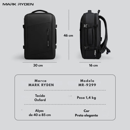 Mochila Mala Viagem Multifuncional De Compressão À Vácuo Com Bomba Notebook 15,6 Modelo Aviator Air Mark Ryden - Cor Preto