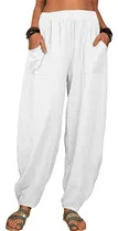 Comprar Pantalon Holgado Lino Pierna Ancha Para Mujer Cintura Casual
