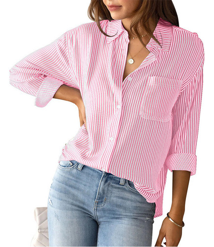 Camisa De Manga Larga Informal Holgada Con Top A Rayas Mujer