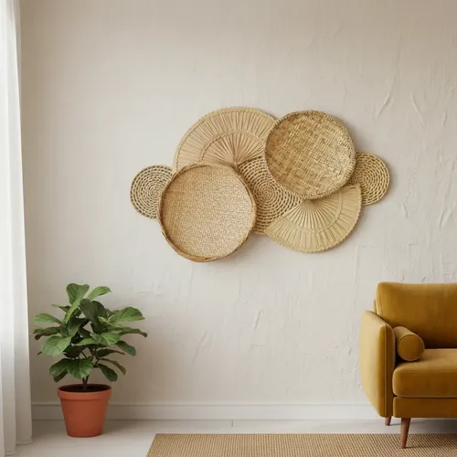 Decoração De Parede Boho Peneiras De Palha, Leques Erva Doce Palha