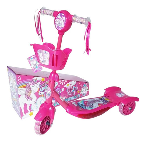 Patinete Infantil Unicorn Girls - Com Luz - Música - Cesto Cor Rosa