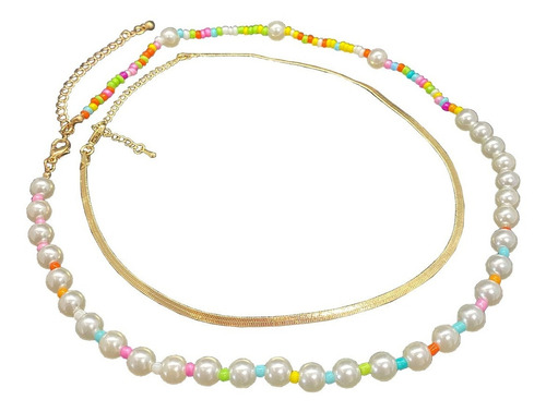 Collar 2 En 1 Perlas Con Cuentas De Colores Y Cadena Gruesa