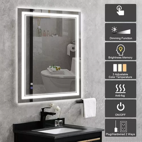 Espejo de baño LED, espejo de tocador de baño de 36 x 28 pulgadas, montado  en la pared con 3000 K-6000 K ajustable, antivaho, botón táctil