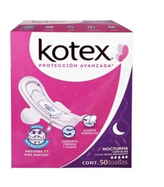 Toallas Femeninas Kotex Nocturna C/ Alas Súper Abundante 50 