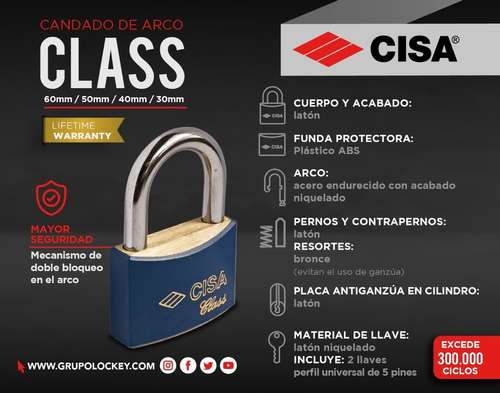 Imagen 7 de 10 de Candado De Arco 30mm Cubierta Abs Con 2 Llaves Cisa Class