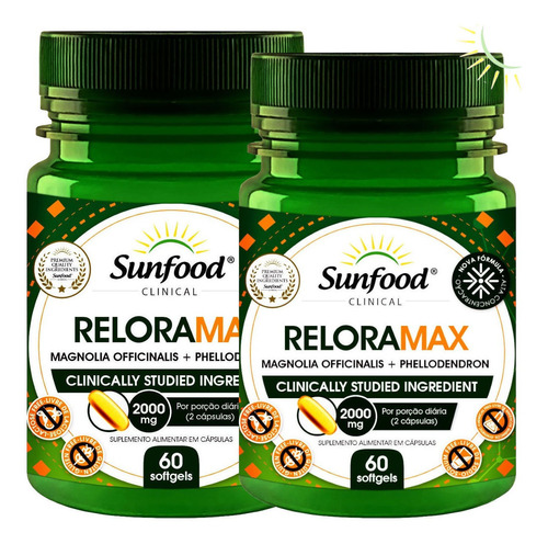 Reloxa Max Magnolia +phellodendron 2 Potes 60 Caps Sunfood Sabor Sem Sabor