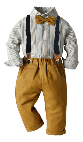 Conjunto De Camiseta A Rayas Con Pajarita Y Pantalones Con T