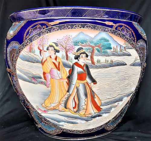 Vaso/cachepot Gg Azul Esmaltado Em Porcelana Chinesa A.45cm