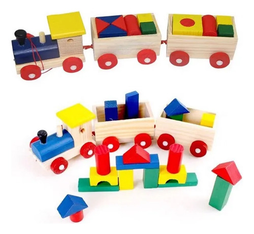 Tren De Carga De Madera Con Bloques De Construccion