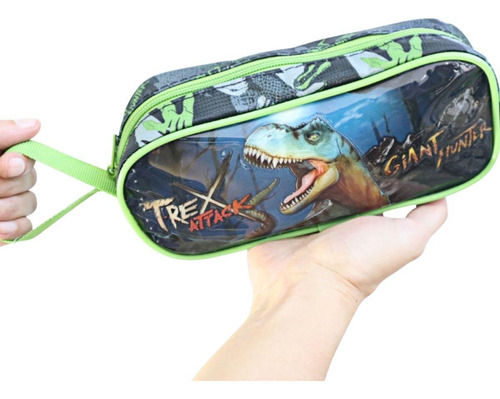 Estojo Escolar Infantil Dinossauro T-rex Verde 2 Porta Lapis