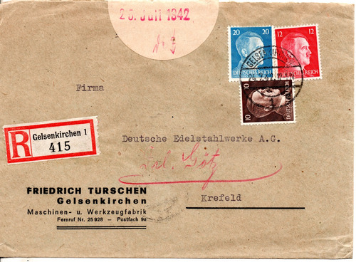 Alemania, Sobre, 1942, Gelsenkirchen - Krefeld