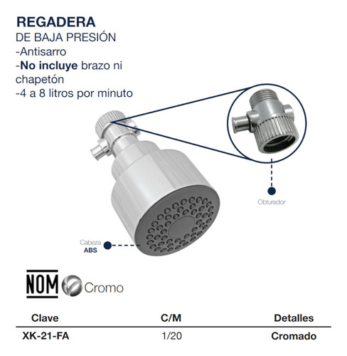 Regadera Redonda Ecológica Cromada Con Obturador Sin Brazo Acabado Mate Alfa XK-21-FA